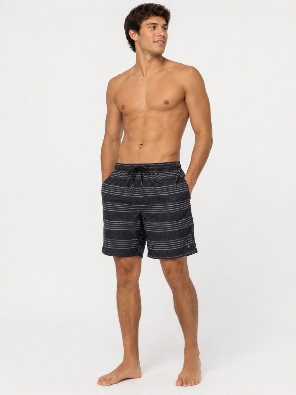 MICROS Men’s Swim Trunks Size L Black Gray Striped Board Shorts NWT